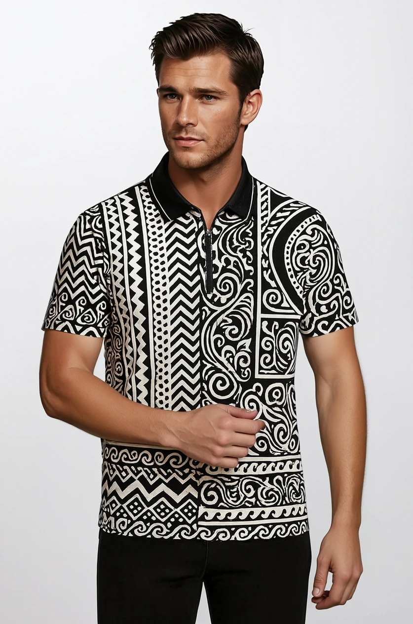 Monarca Polo – Elegant Stil med Sort-Hvidt Geometrisk Mønster